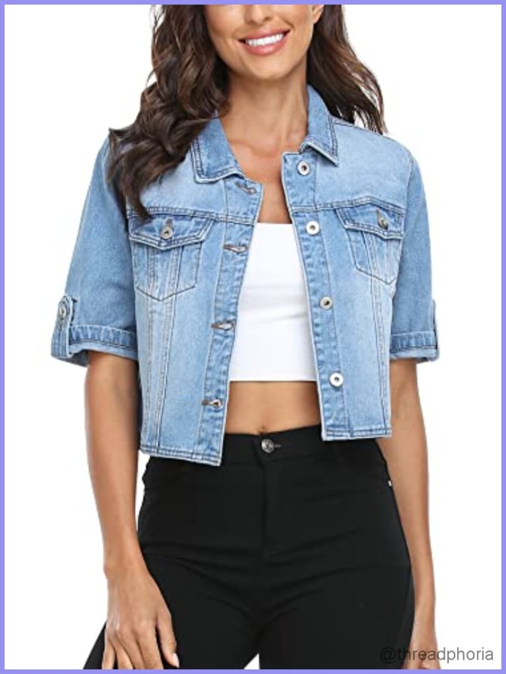 Cropped Denim Jacket Short Sleeve Button Up Stretch Cotton